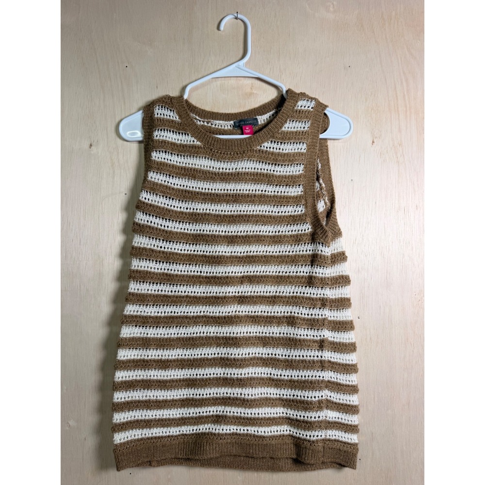 Vince Camuto Sweater Vest Women Medium Brown Excellent Striped Pointelle Knit